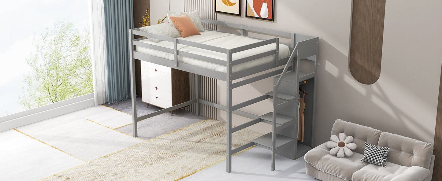 Full Size Loft Bed with Built-in Storage Wardrobe and Staircase, Gray