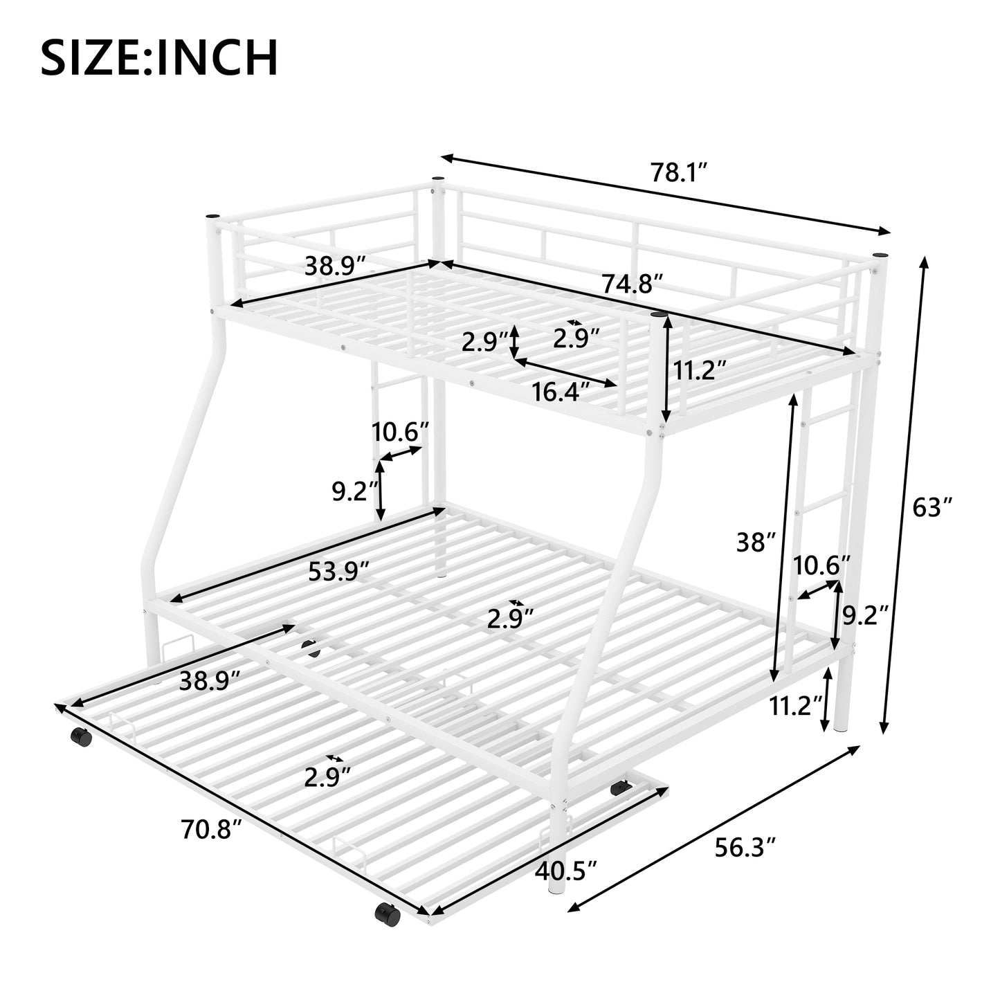 White Steel Frame Twin over Full Bunk Bed with Trundle Bed