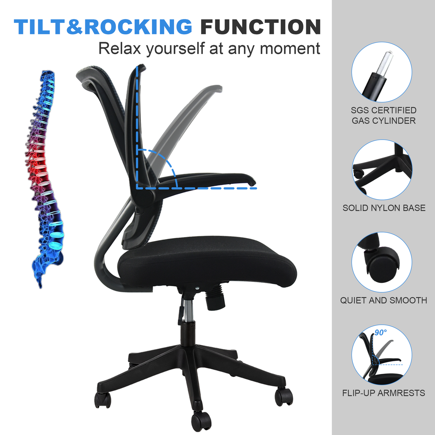 Mid task office chair with flip up arms, tilt angle max to 105 °,300LBS,Black