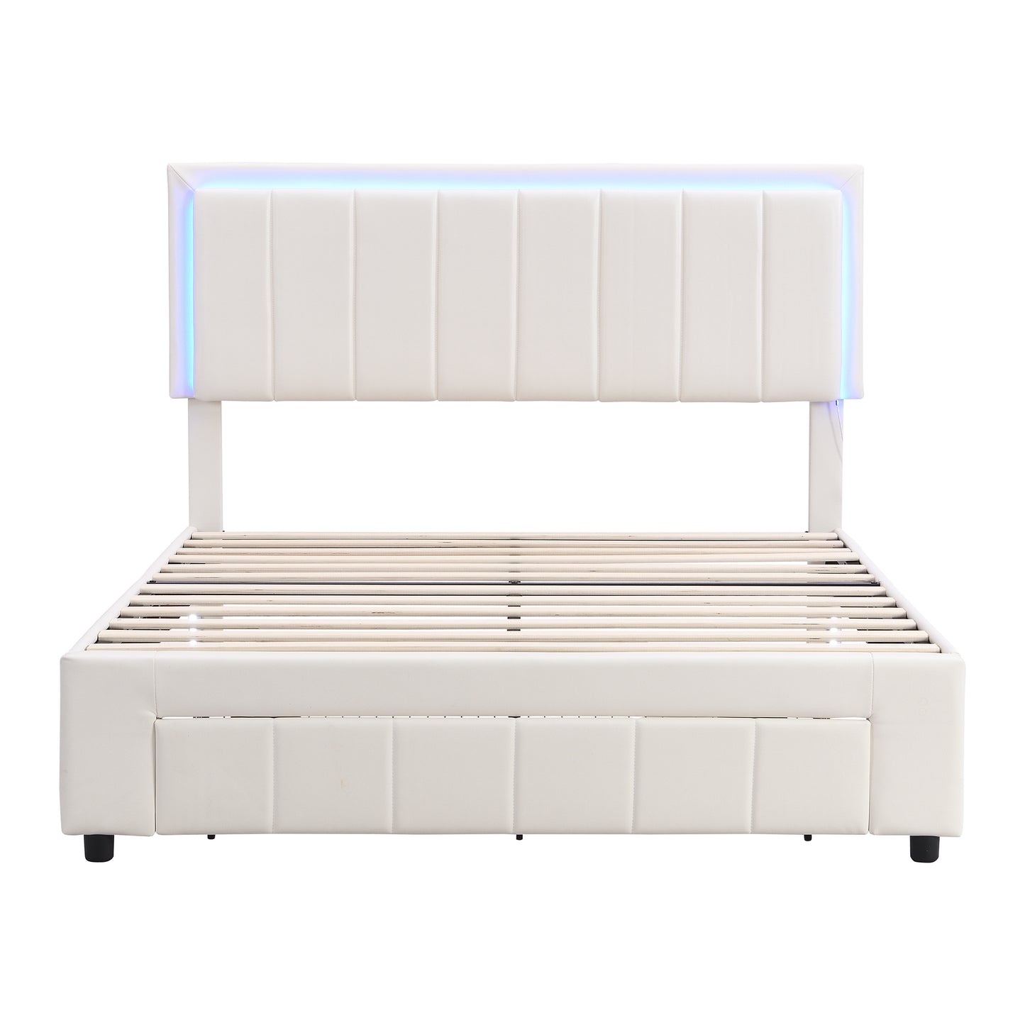 Upholstered Platform Bed with LED Lights and Two Motion Activated Night Lights,Queen Size Storage Bed with Drawer,White