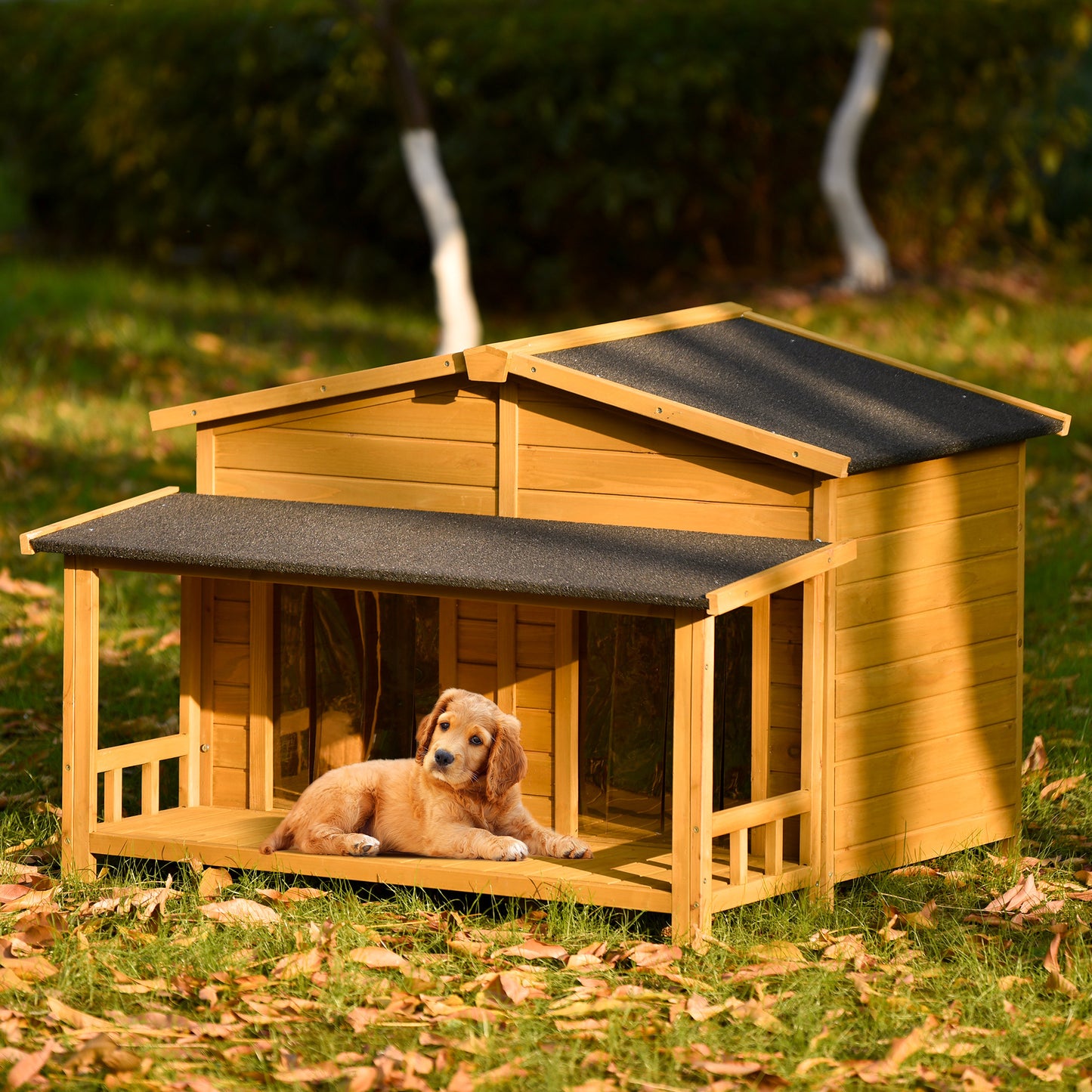 GO 47.2" Large Wooden Dog House Outdoor,  Outdoor & Indoor Dog Crate, Cabin Style, With Porch, 2 Doors