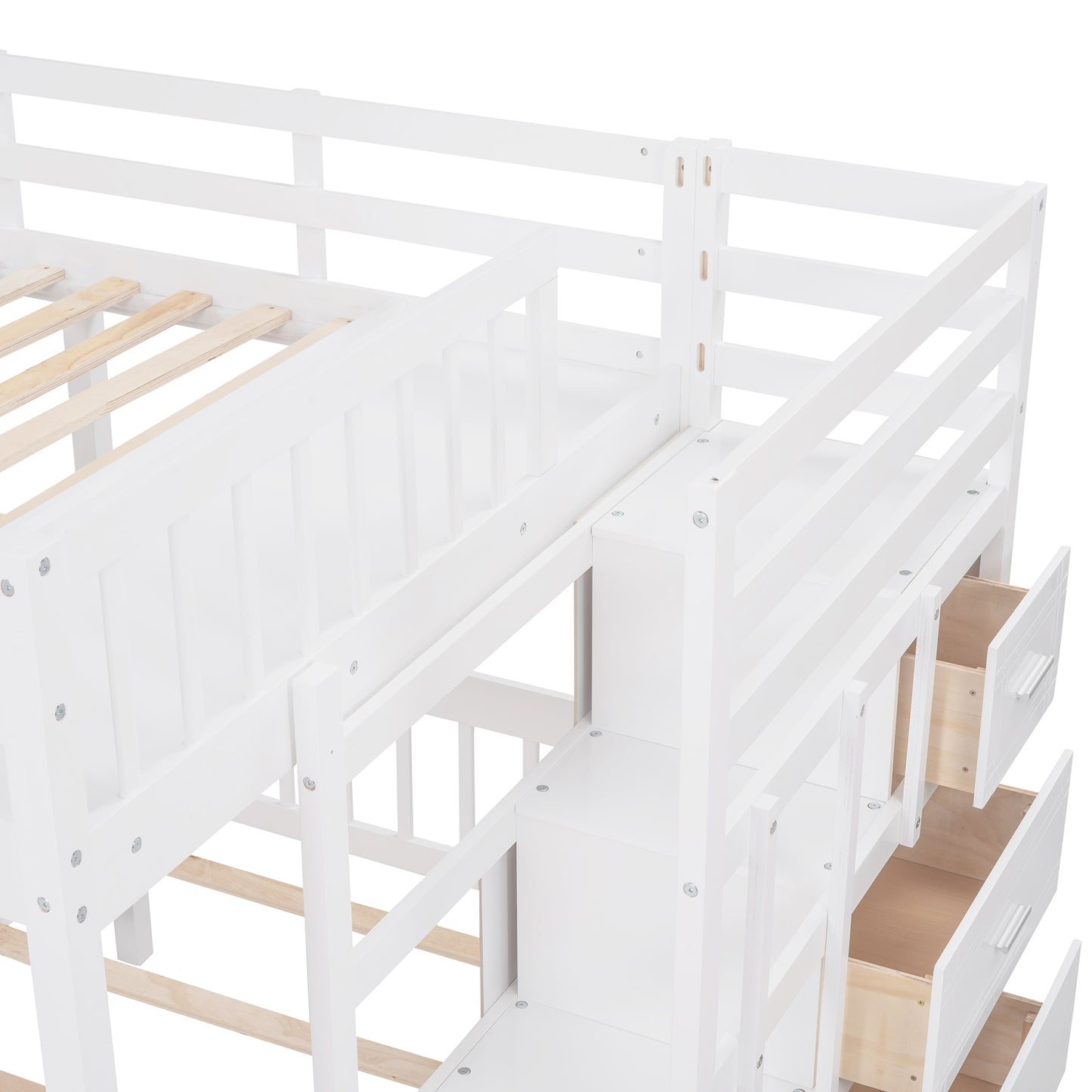 Three-Level Wooden Bunk Bed with Drawers, Full Over Twin & Twin Bunk Bed with Guardrails (White)