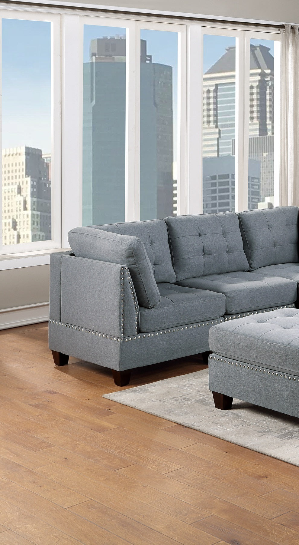 Elegant Gray Linen Modular Sectional Living Room Set with Tufted Nail Heads