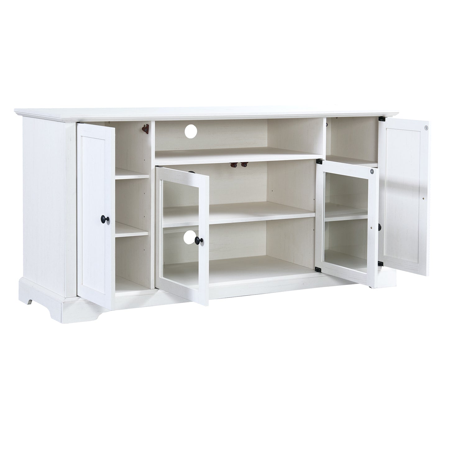 Transitional Highboy TV Stand with Tempered Glass Doors - White