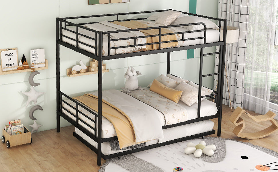 Stylish Contemporary Metal Bunk Bed with Trundle - Sleek Black Design