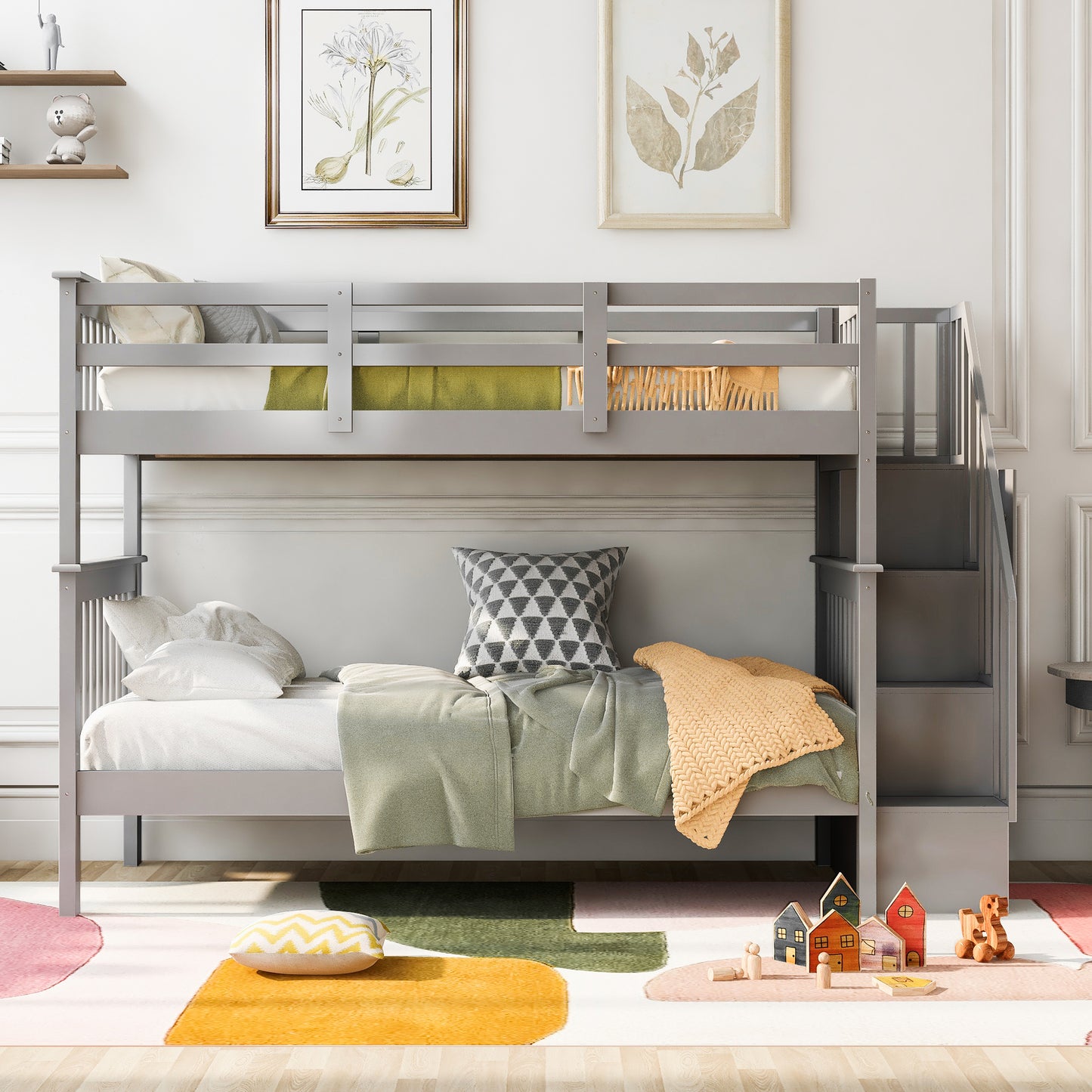 Gray Twin Bunk Bed with Staircase Storage and Guard Rail