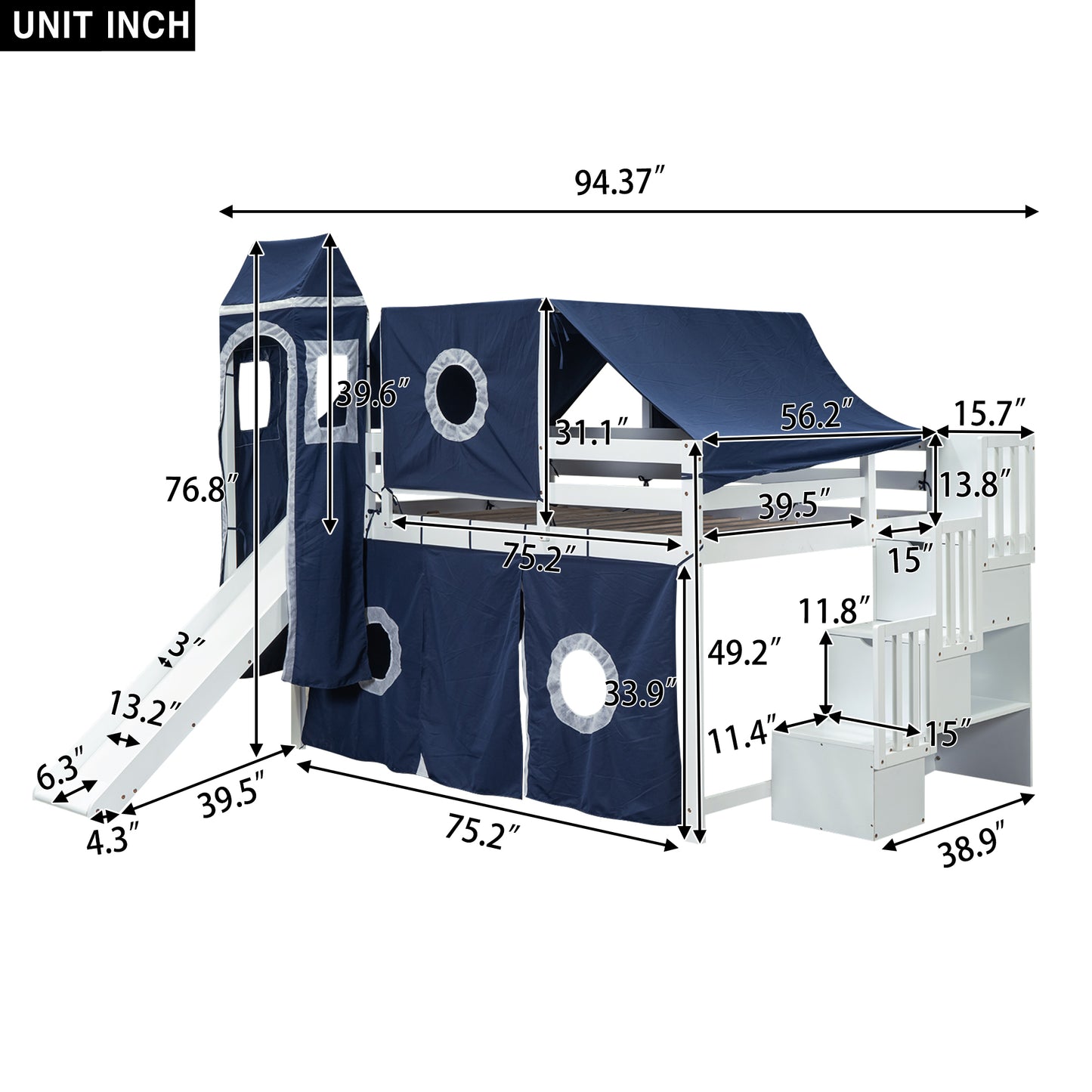 Full Size Loft Bed with Tent and Tower - Blue