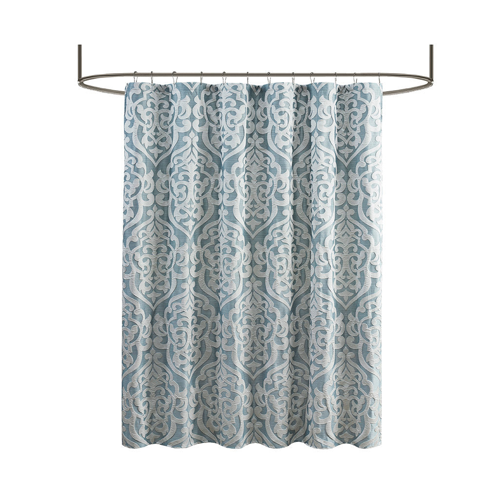 Luxurious Aqua and Silver Damask Medallion Jacquard Shower Curtain