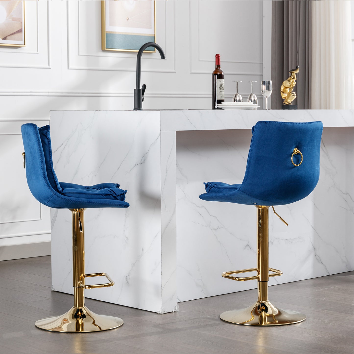 Set of 2 Bar Stools,with Chrome Footrest and Base Swivel Height Adjustable Mechanical Lifting Velvet + Golden Leg Simple Bar Stoo,blue