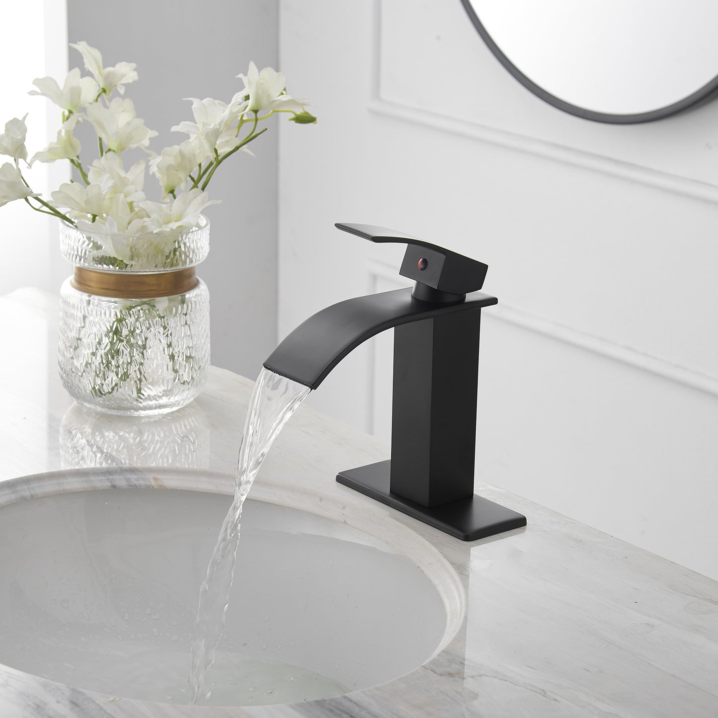 Matte Black Single-Handle Waterfall Bathroom Faucet with Supply Line - Low-Arc