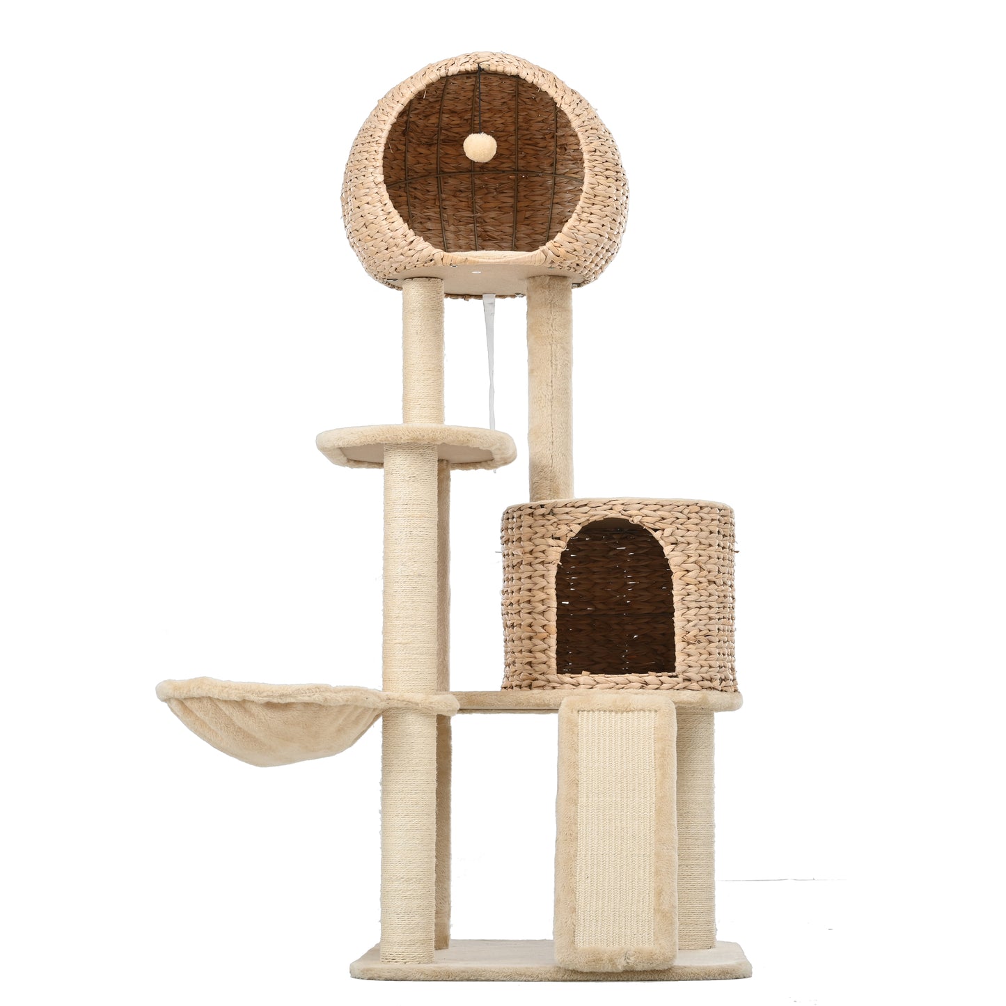 Cat Tree, 59-Inch Cat Tower for Indoor Cats, Plush Multi-Level Cat Condo with 2 Perches, 2 Caves, Cozy Basket and Scratching Board, Beige