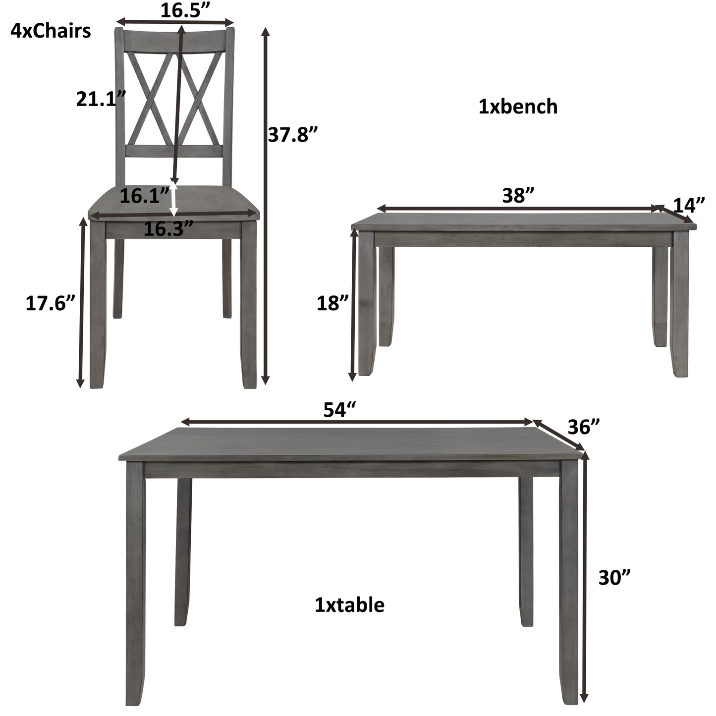 6-piece Wooden Kitchen Table set, Farmhouse Rustic Dining Table set with Cross Back 4 Chairs and Bench,Antique Graywash