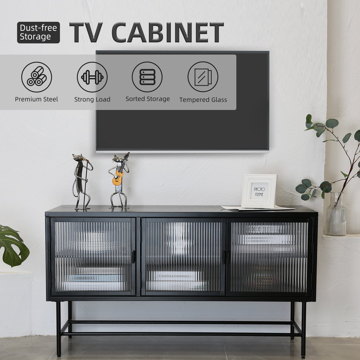 Retro Style TV Stand with Enclosed Storage and Glass Doors