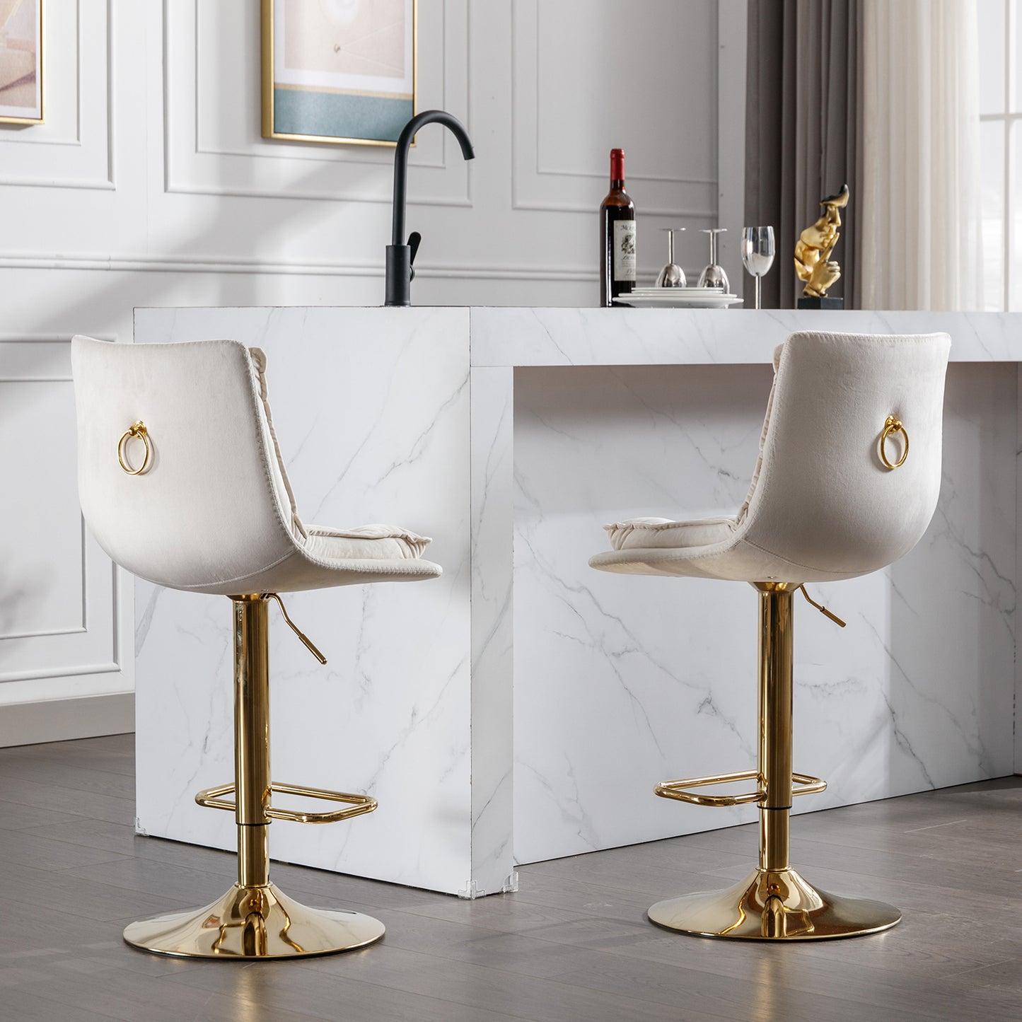 Set of 2 Bar Stools,with Chrome Footrest and Base Swivel Height Adjustable Mechanical Lifting Velvet + Golden Leg Simple Bar Stoo,cream