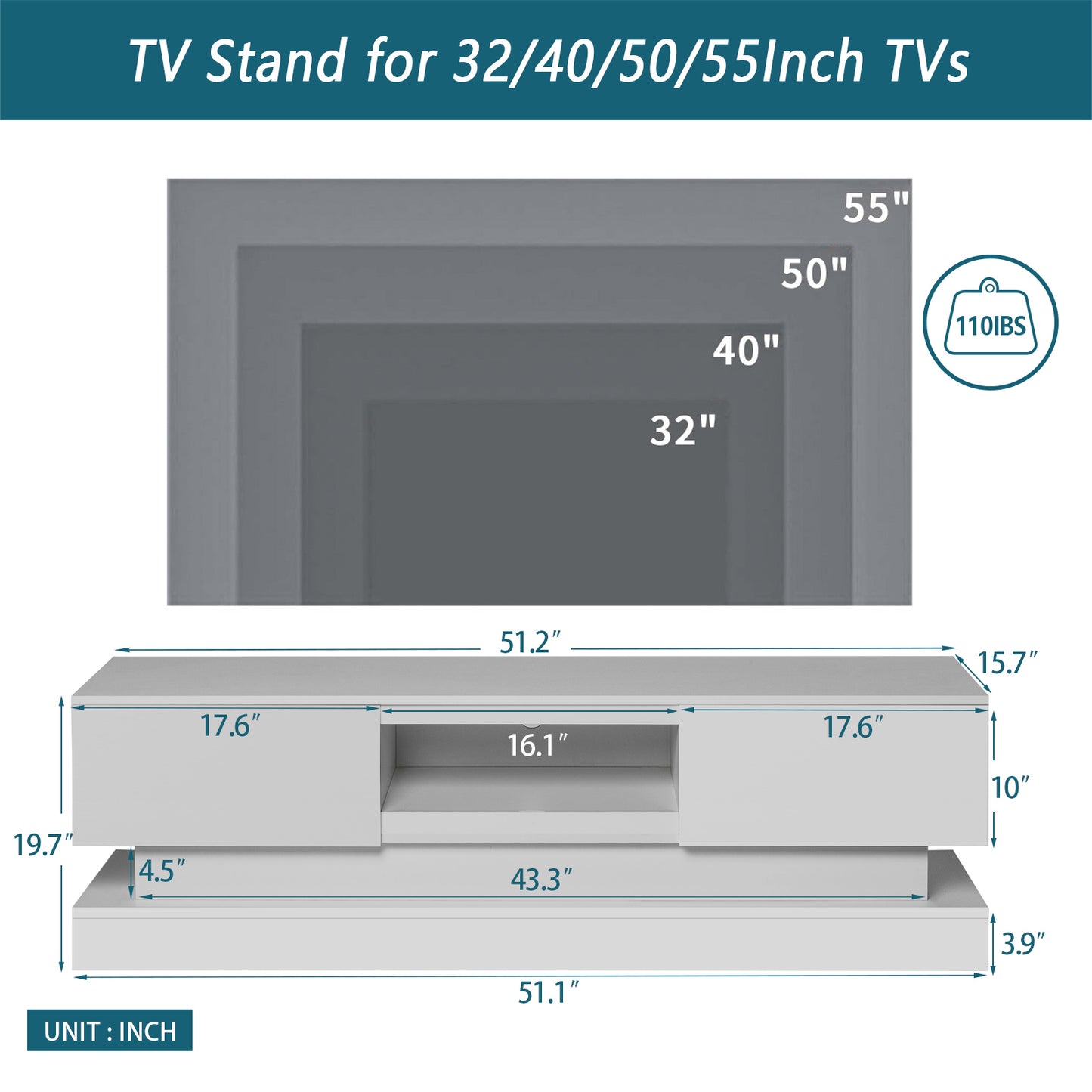 51.18inch High Gloss White TV Stand with LED Lights and Remote Control