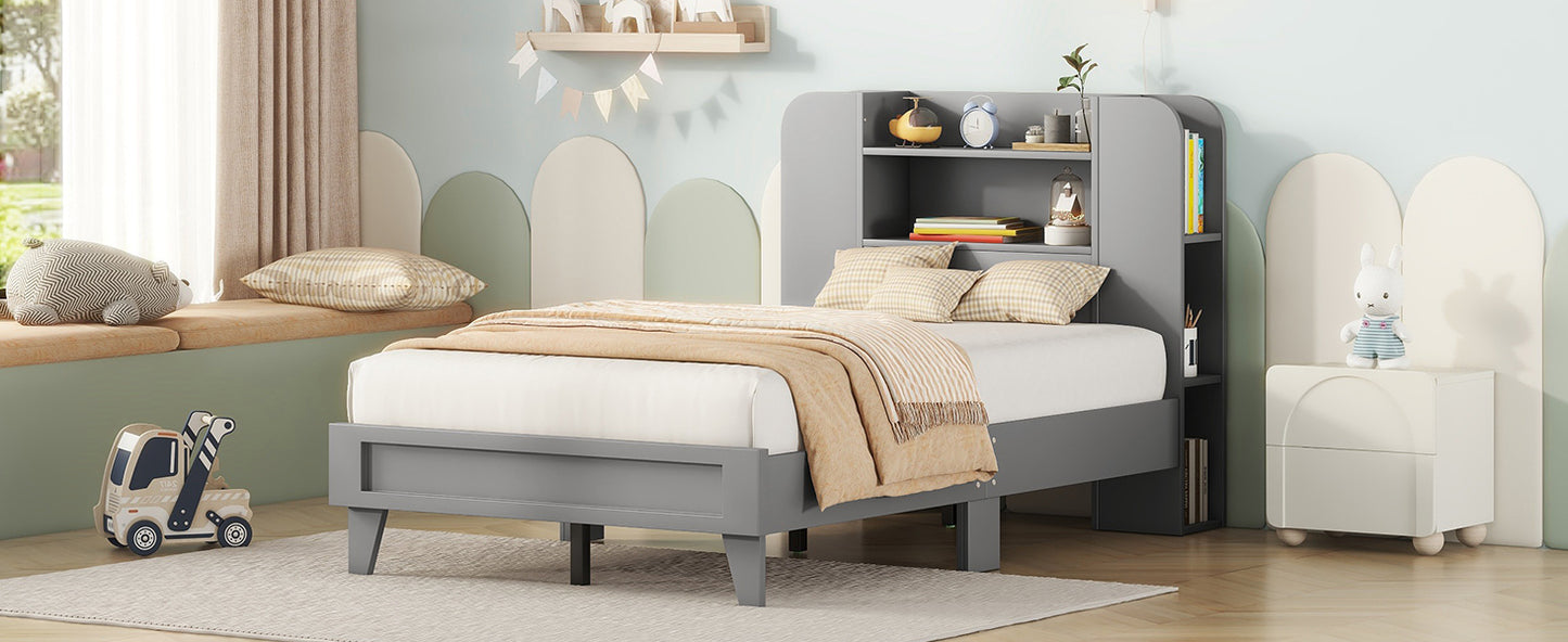 Twin Size Platform Bed with Storage Headboard,Multiple Storage Shelves on Both Sides,Grey