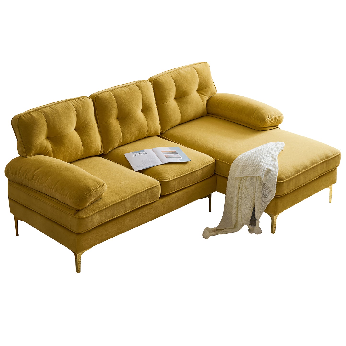 Modern Yellow Velvet L-Shaped Sectional Sofa for Living Room or Bedroom