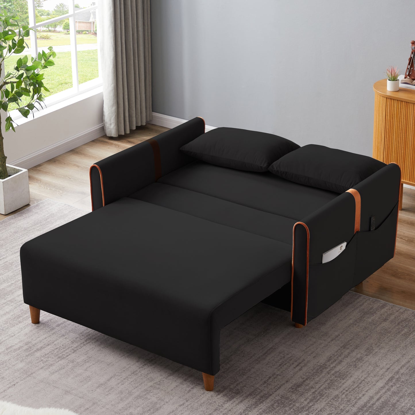 Convertible Comfortable Sleeper Velvet Sofa Couch with Storage for for Living Room Bedroom  Sofabed  Black