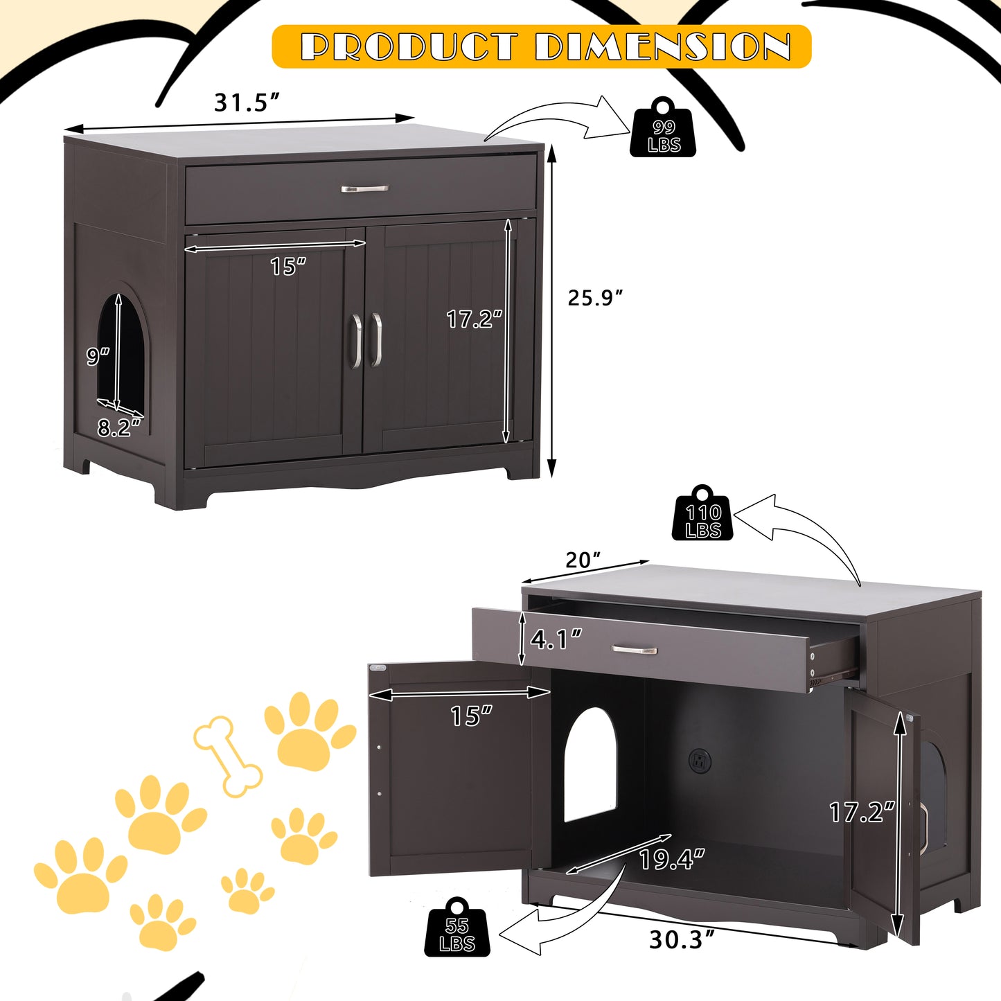 Litter Box Enclosure, Cat Litter Box Furniture with Hidden Plug, 2 Doors,Indoor Cat Washroom Storage Bench Side Table Cat House, Large Wooden Enclused Litter Box House, Essprosso