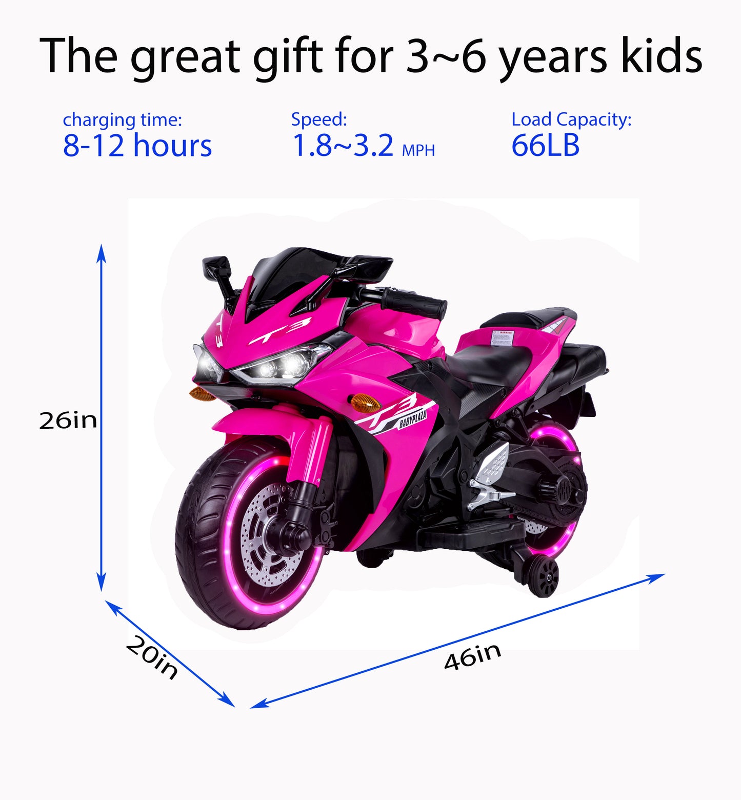 12V Kids Motorcycle Ride-On Toy with Training Wheels and Manual Throttle, Pink