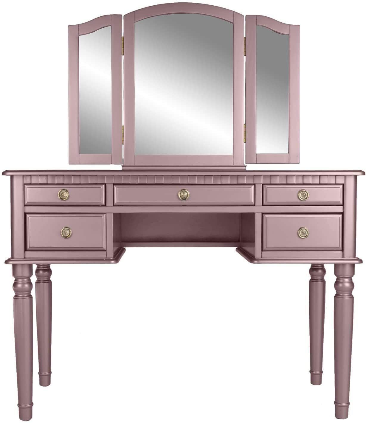 Bedroom Contemporary Vanity Set w Foldable Mirror Stool Drawers Rose Gold Color