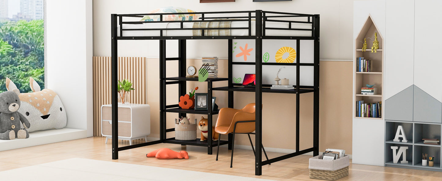 Full Size Loft Bed with Desk and Whiteboard, Metal Loft Bed with 3 Shelves and Ladder, Black