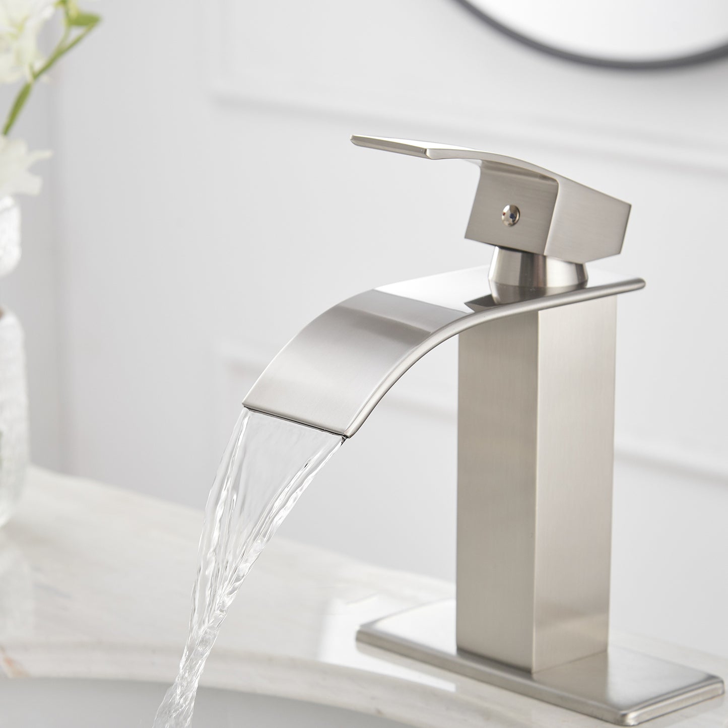 Brushed Nickel Waterfall Bathroom Faucet With Single-Handle Operation