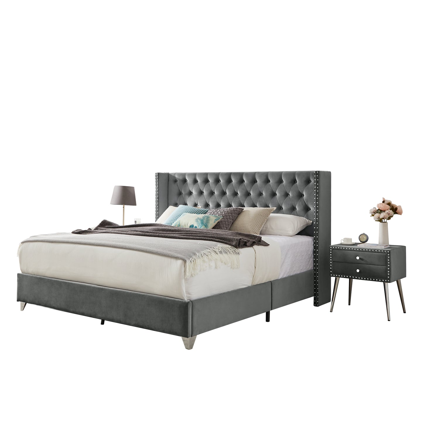 B100S King bed with one nightstand, Button designed Headboard,strong wooden slats + metal legs with Electroplate