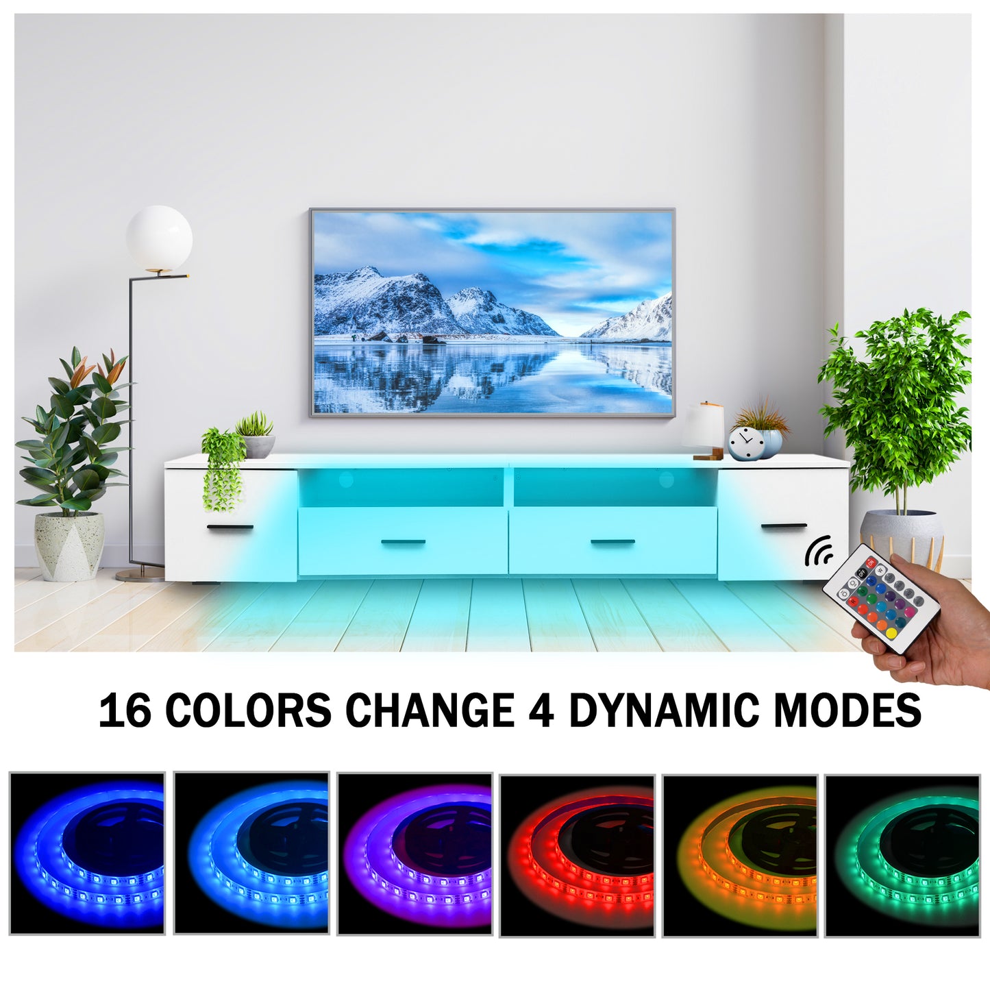 White TV Console with Large Drawers and LED Lights, 90 Inch TV Stand for Living Room