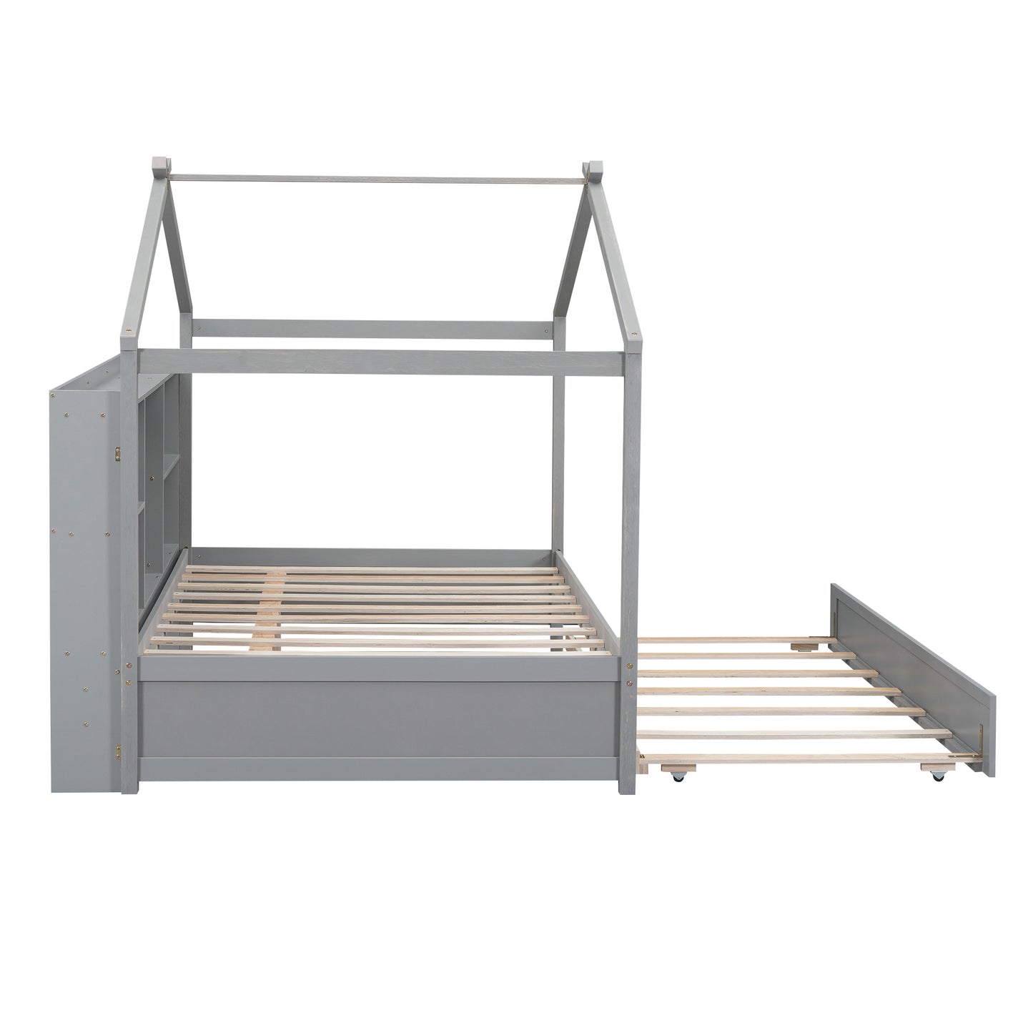 Full Size House Bed with Storage Shelves and Twin Size Trundle, Brushed Gray