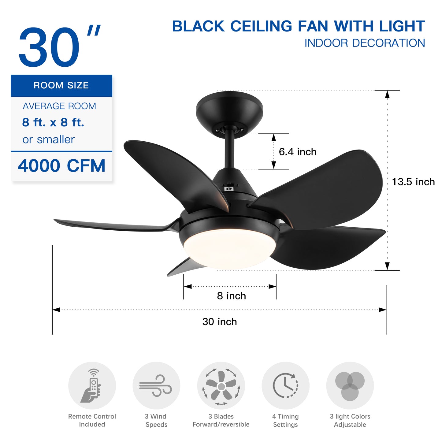 30 Inch LED Ceiling Fan with Matte Black ABS Blades and Integrated Lighting