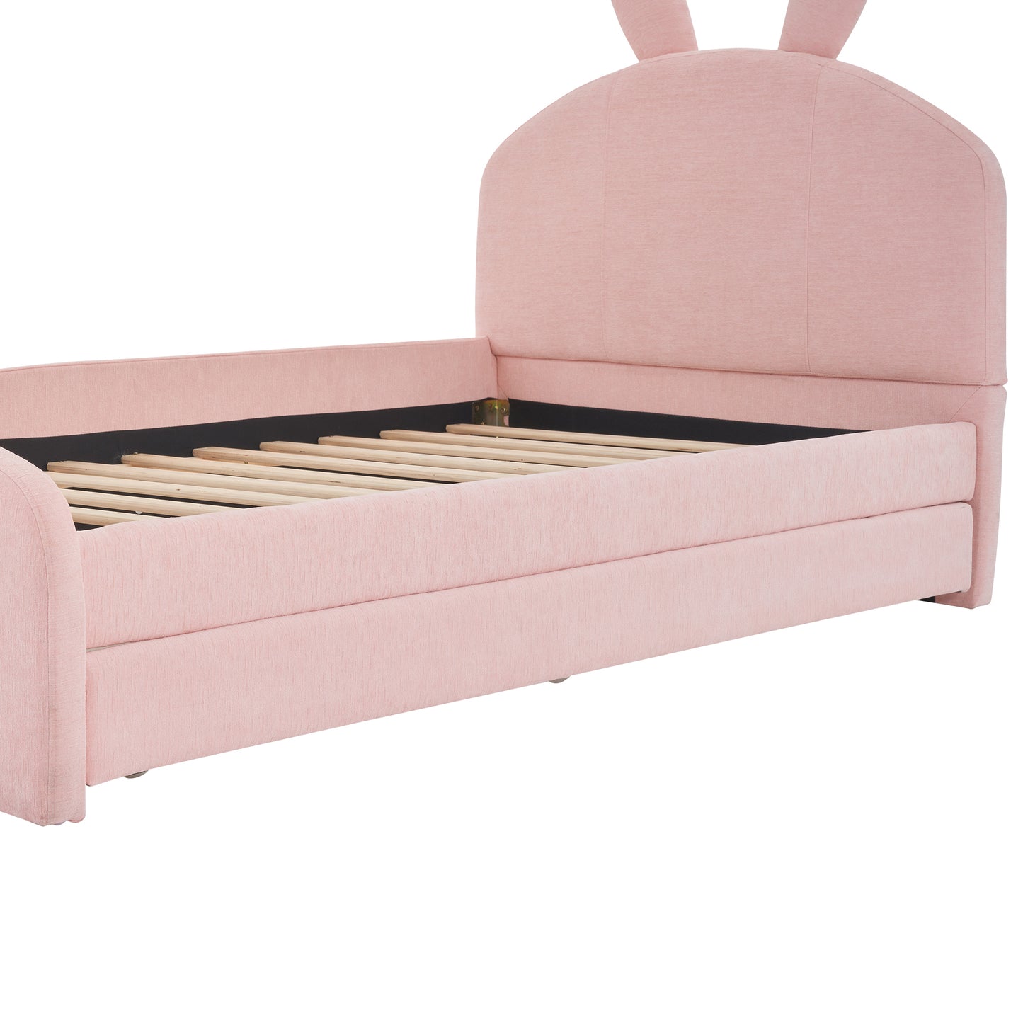 Twin Size Upholstered Platform Bed with Cartoon Ears Shaped Headboard and Trundle, Pink