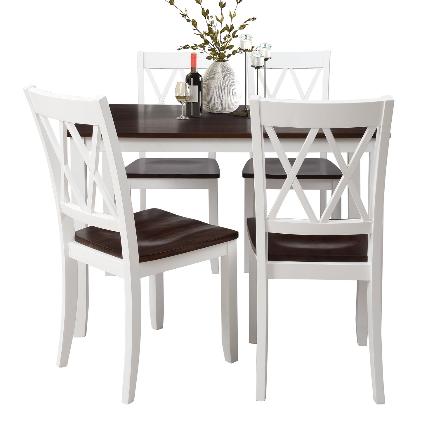 5-Piece Dining Table Set Home Kitchen Table and Chairs Wood Dining Set, White+Cherry