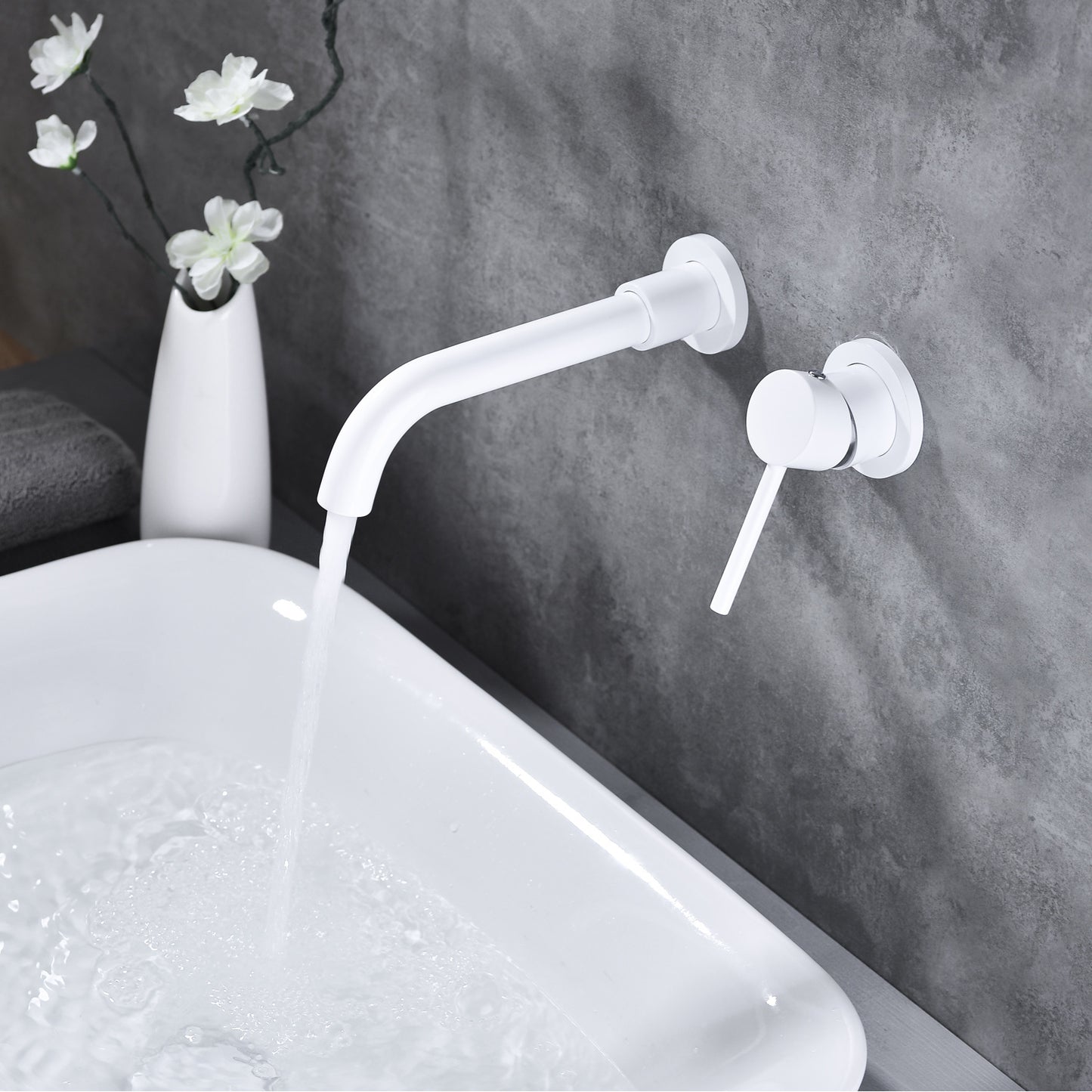 Wall Mounted Bathroom Faucet with White Single Lever Handle