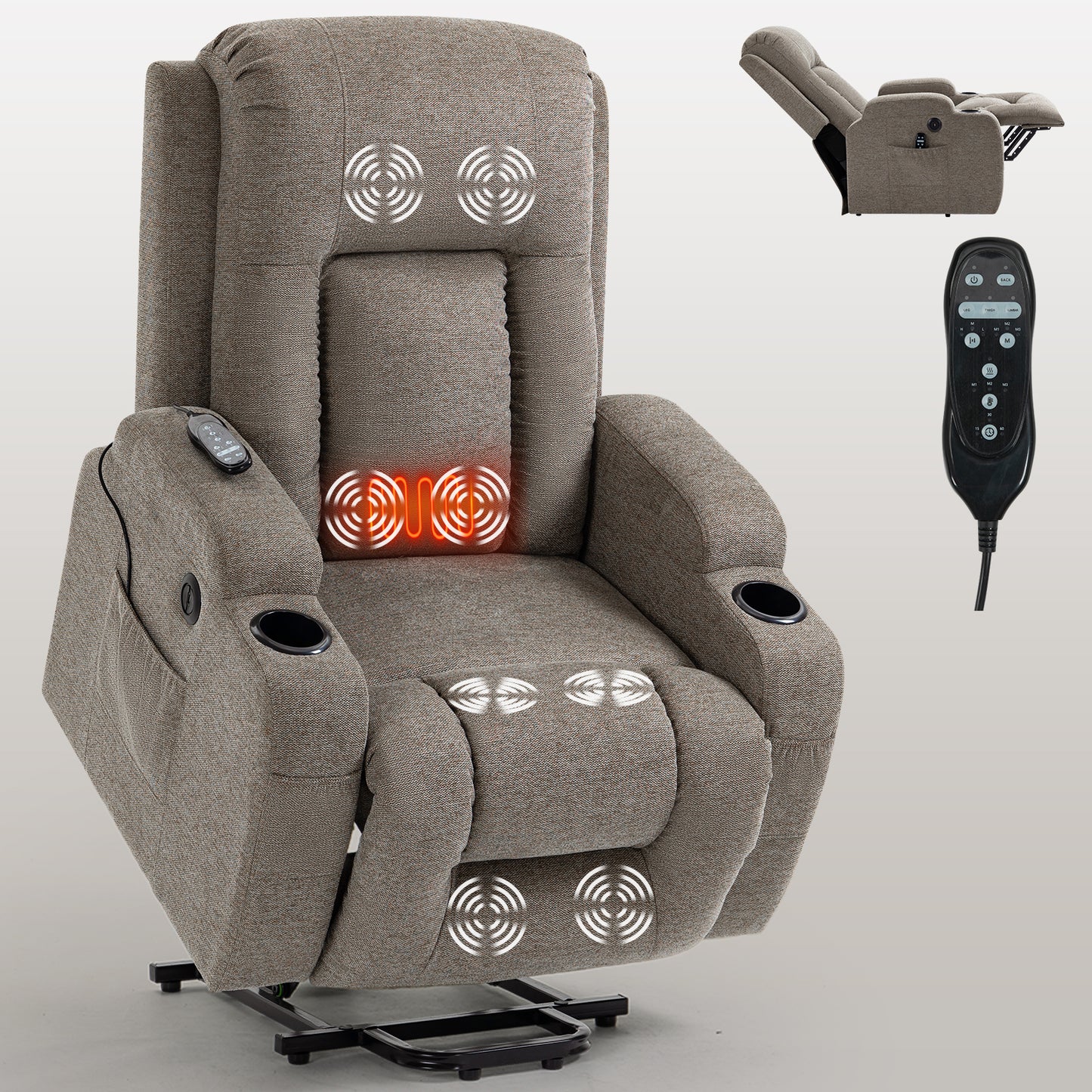 Electric Brown Recliner Chair with Lift, Massage, and Lumbar Heating