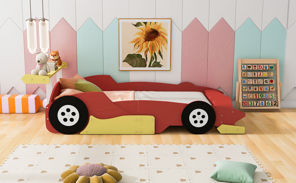 Full Size Race Car-Shaped Platform Bed with Wheels,Red