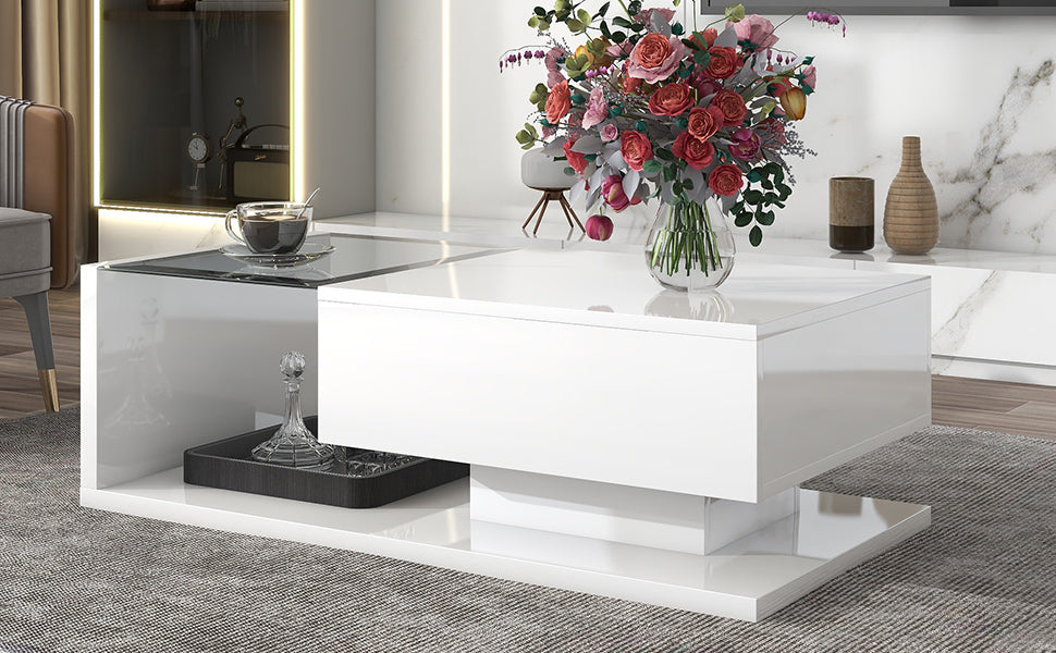 Contemporary White Coffee Table with Glass Top and High-Gloss Finish