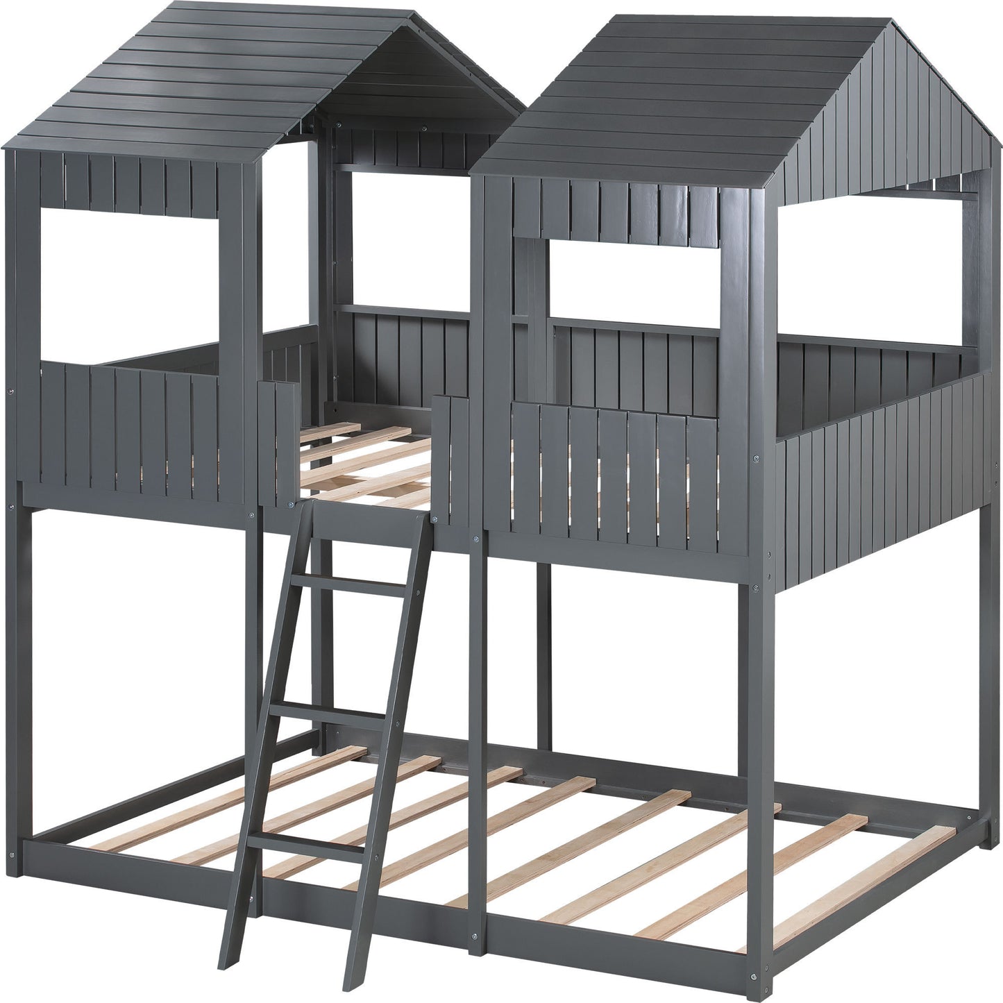 Wooden Playhouse-Styled Full Over Full Bunk Bed with Gray Roof and Window