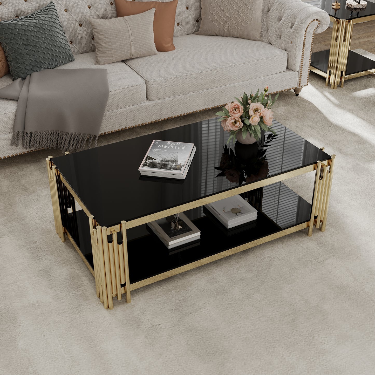 48-Inch Wide Golden Stainless Steel Coffee Table with Double-Layer Black Tempered Glass Top