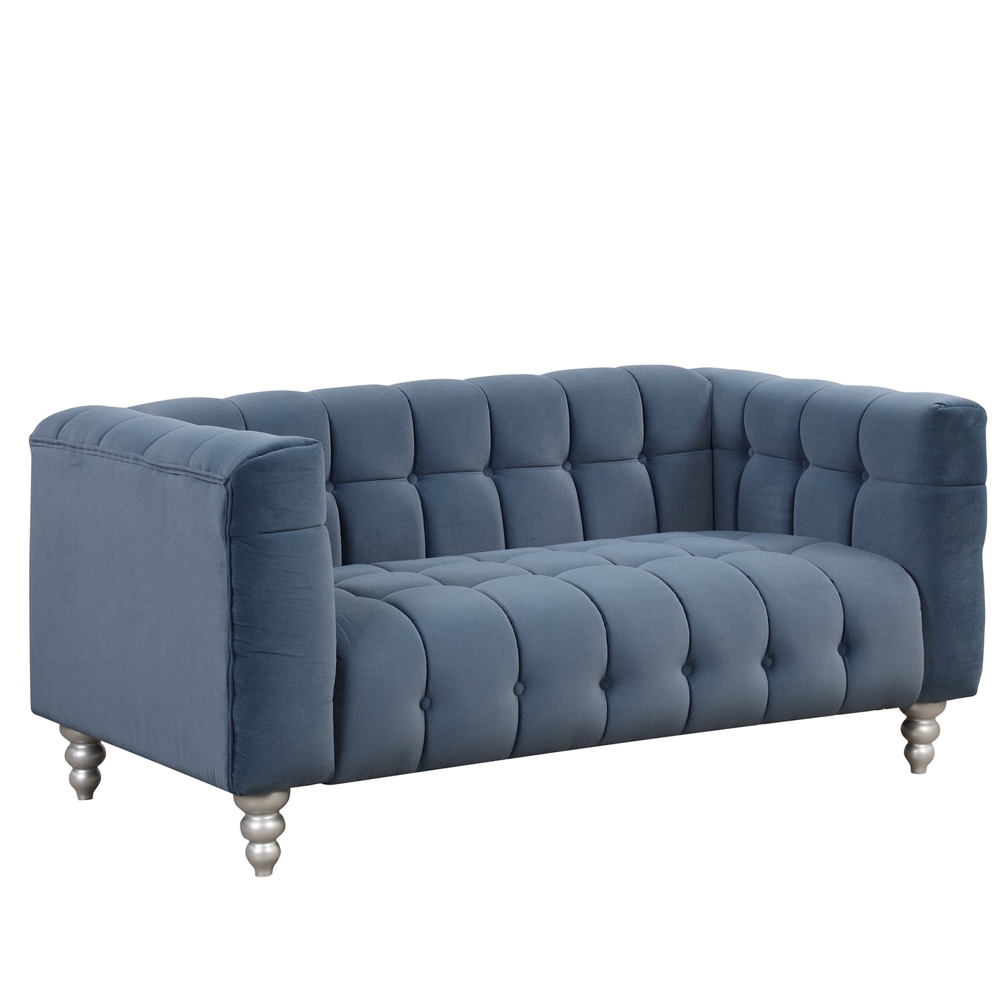 63 Modern Blue Upholstered Sofa with Tufted Backrest and Solid Wood Legs