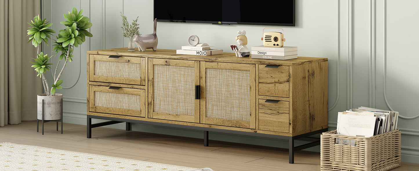 Sleek Boho-Style Rattan TV Console with Adjustable Shelves