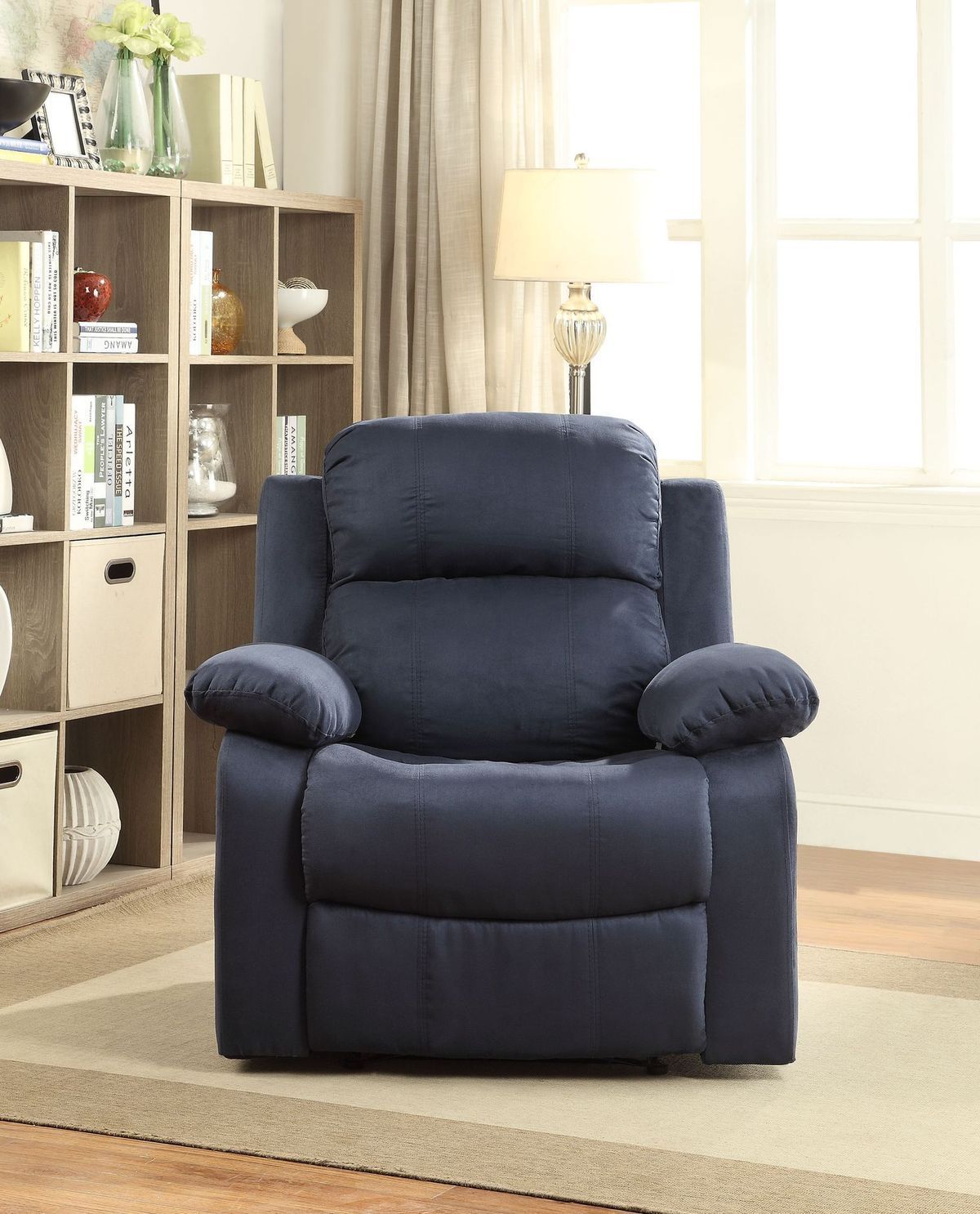 Blue Microfiber Motion Recliner with External Latch Handle