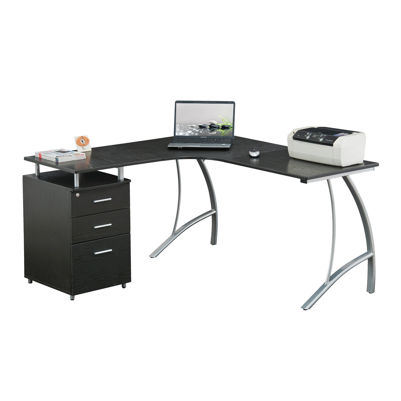 Sophisticated Espresso L-Shaped Computer Desk with Enhanced Storage System