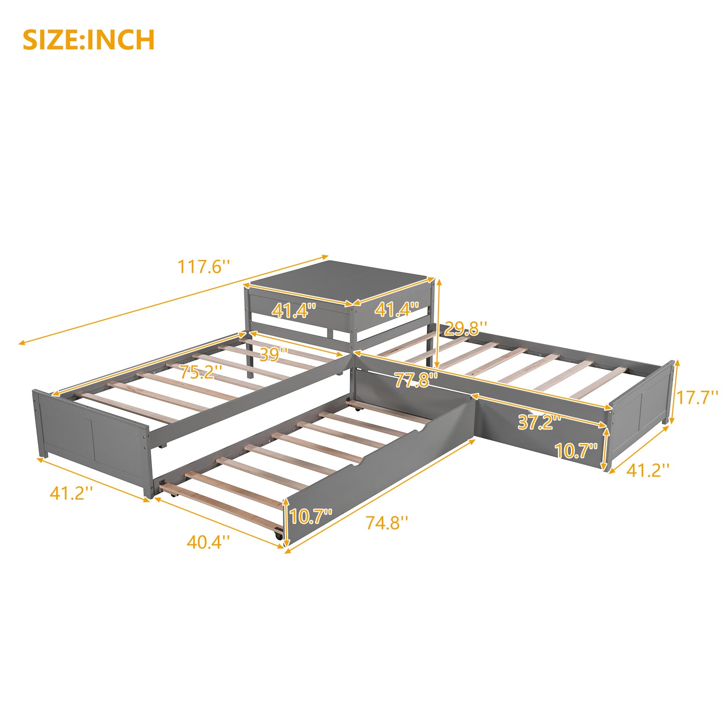 L-shaped Platform Bed with Trundle and Drawers Linked with built-in Desk,Twin,Gray