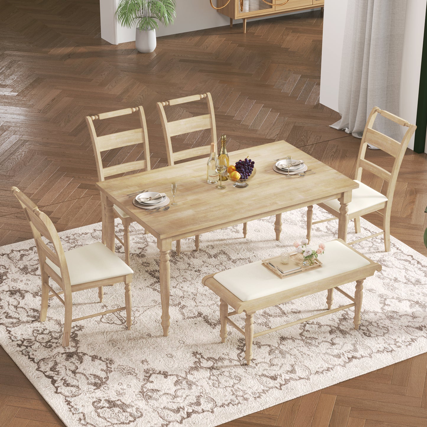 6-peice Dining Set with Turned Legs, Kitchen Table Set with Upholstered Dining Chairs and Bench,Retro Style, Natural