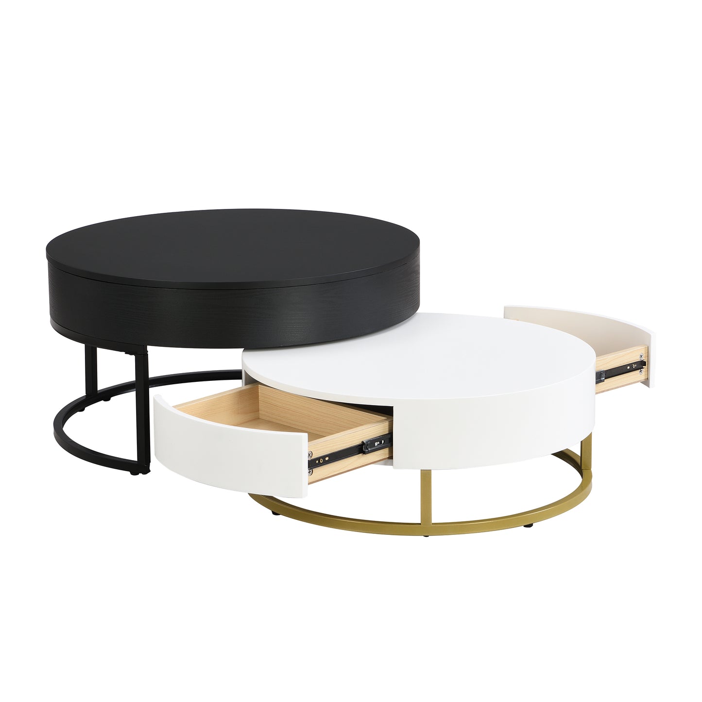 Contemporary 2-Drawer Lift-Top Round Coffee Tables in White & Black