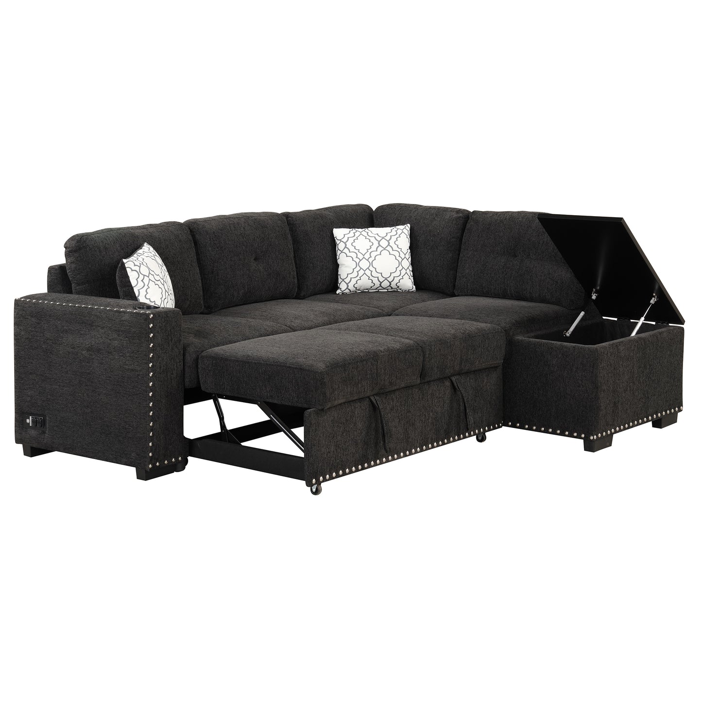 83.8 L-Shaped Reversible Sectional Sleeper Sofa with Cup Holder and USB Ports, Black