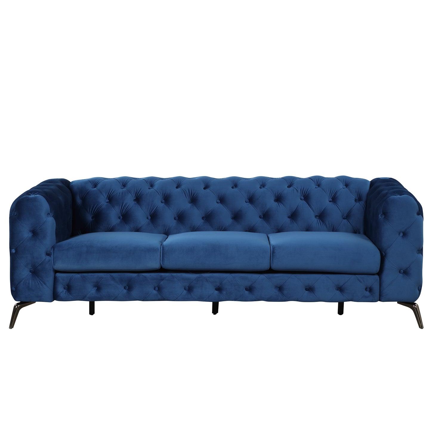 Modern Blue Velvet Upholstered 3 Seater Sofa with Button Tufted Back and Sturdy Metal Legs