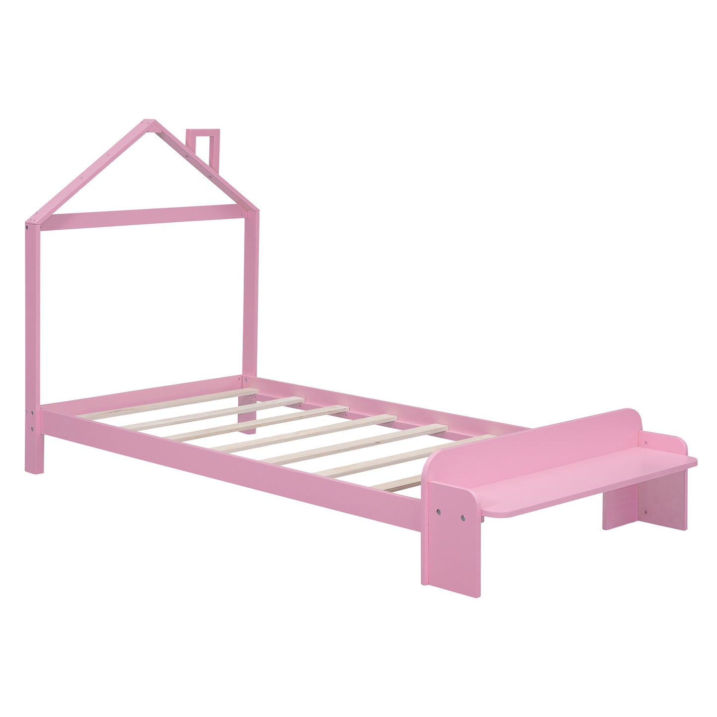 Twin Size Wood Platform Bed with House-shaped Headboard and Footboard Bench,Pink