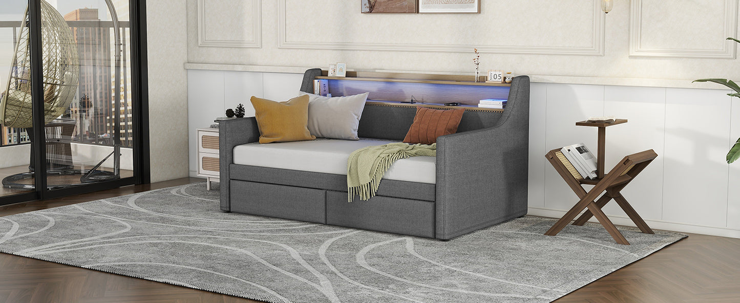 Twin Size Daybed with Storage Drawers, Upholstered Daybed with Charging Station and LED Lights, Gray (Expect arrive date: Jan 18th, 2024)